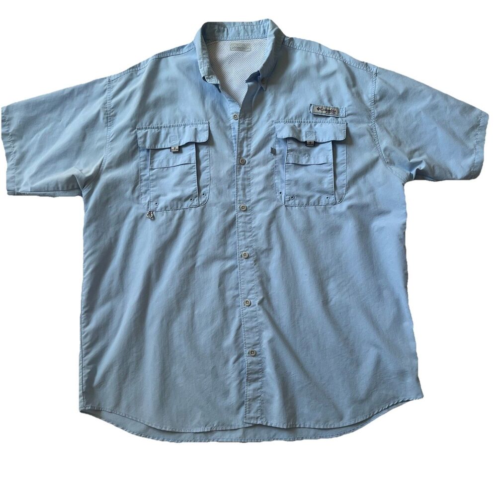 Columbia PFG Shirt Mens XL XXL Blue Short Sleeve Vented Fishing Button Up FM7047